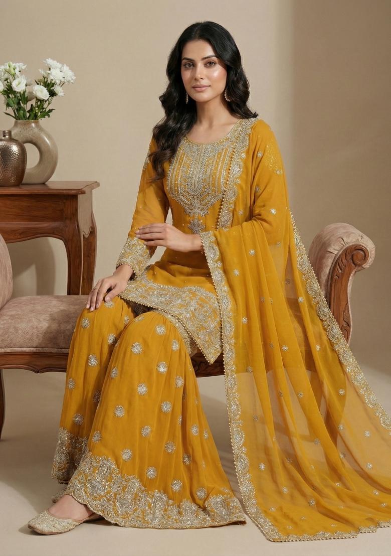 Yellow Embroidery Georgette Kurta Set - Indya