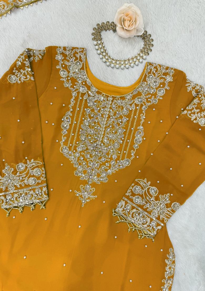 Yellow Embroidery Georgette Kurta Set - Indya