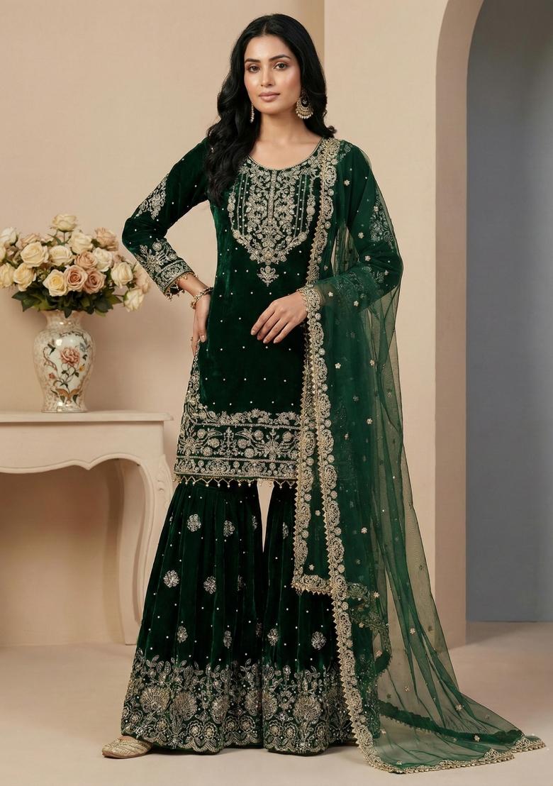Green Embroidery Viscose Kurta Set - Indya