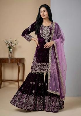 Wine Embroidery Viscose Kurta Set