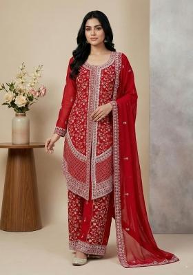 Red Embroidery Georgette Kurta Set