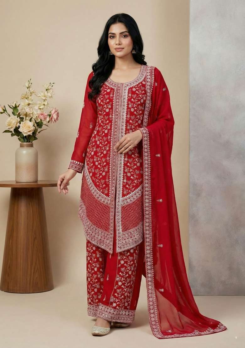 Red Embroidery Georgette Kurta Set - Indya