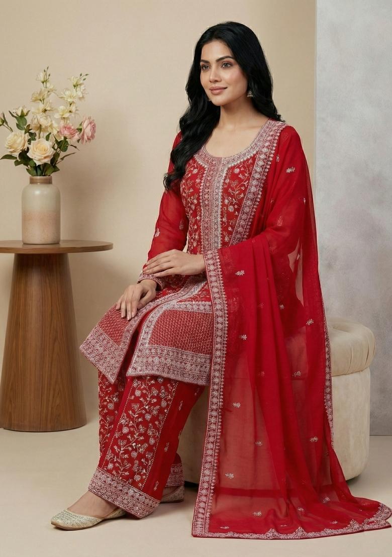 Red Embroidery Georgette Kurta Set - Indya