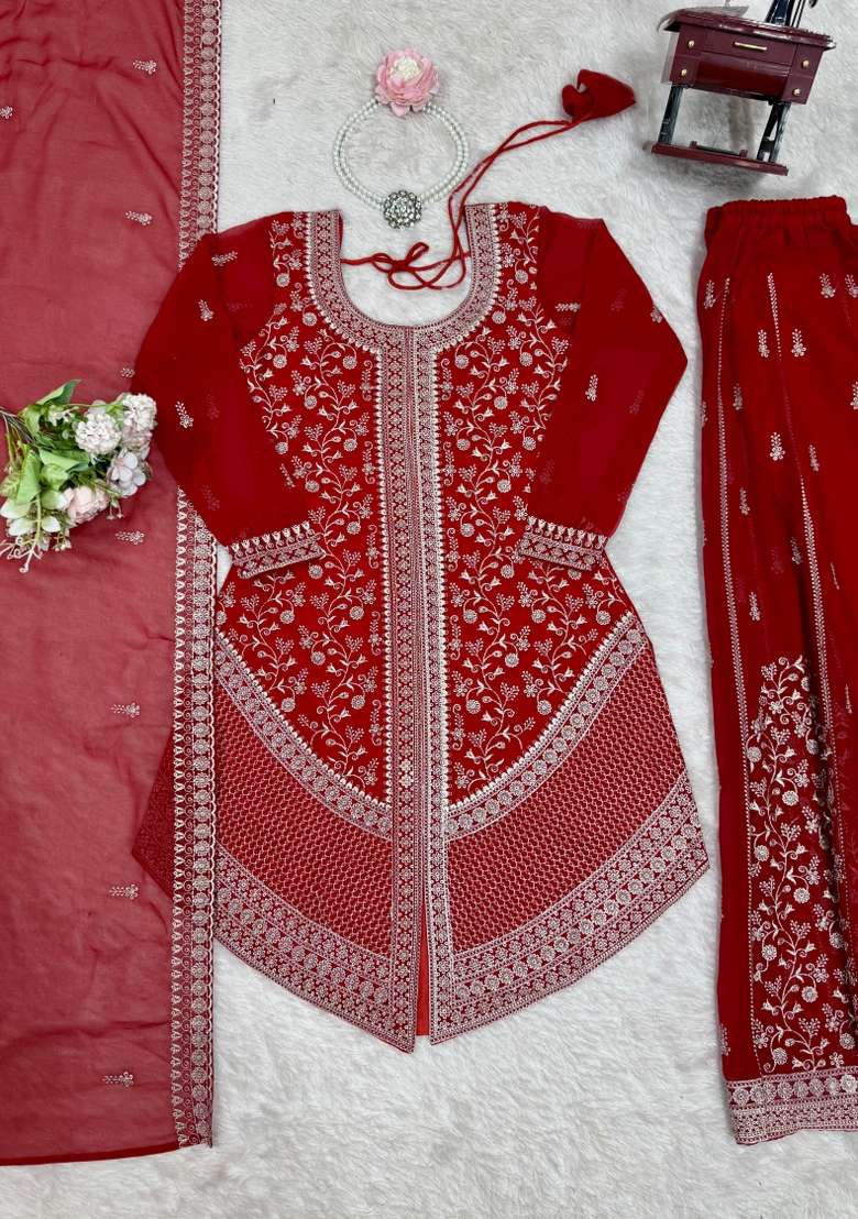 Red Embroidery Georgette Kurta Set - Indya