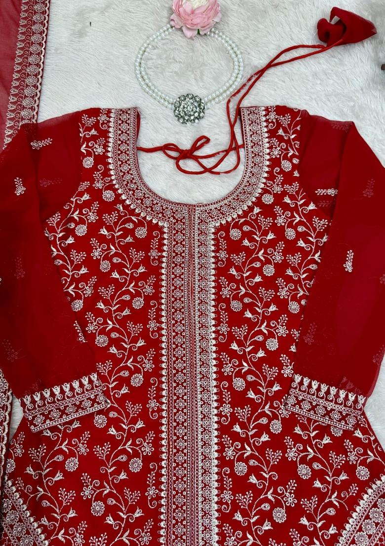 Red Embroidery Georgette Kurta Set - Indya