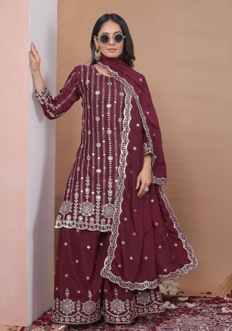 Maroon Embroidery Crepe Kurta Set