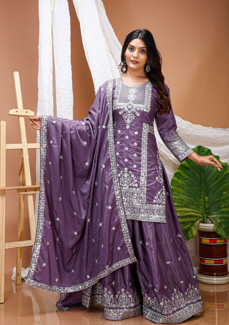 Purple Embroidered Crepe Sharara Set - Indya
