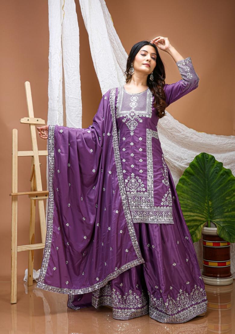 Purple Embroidery Crepe Kurta Set - Indya