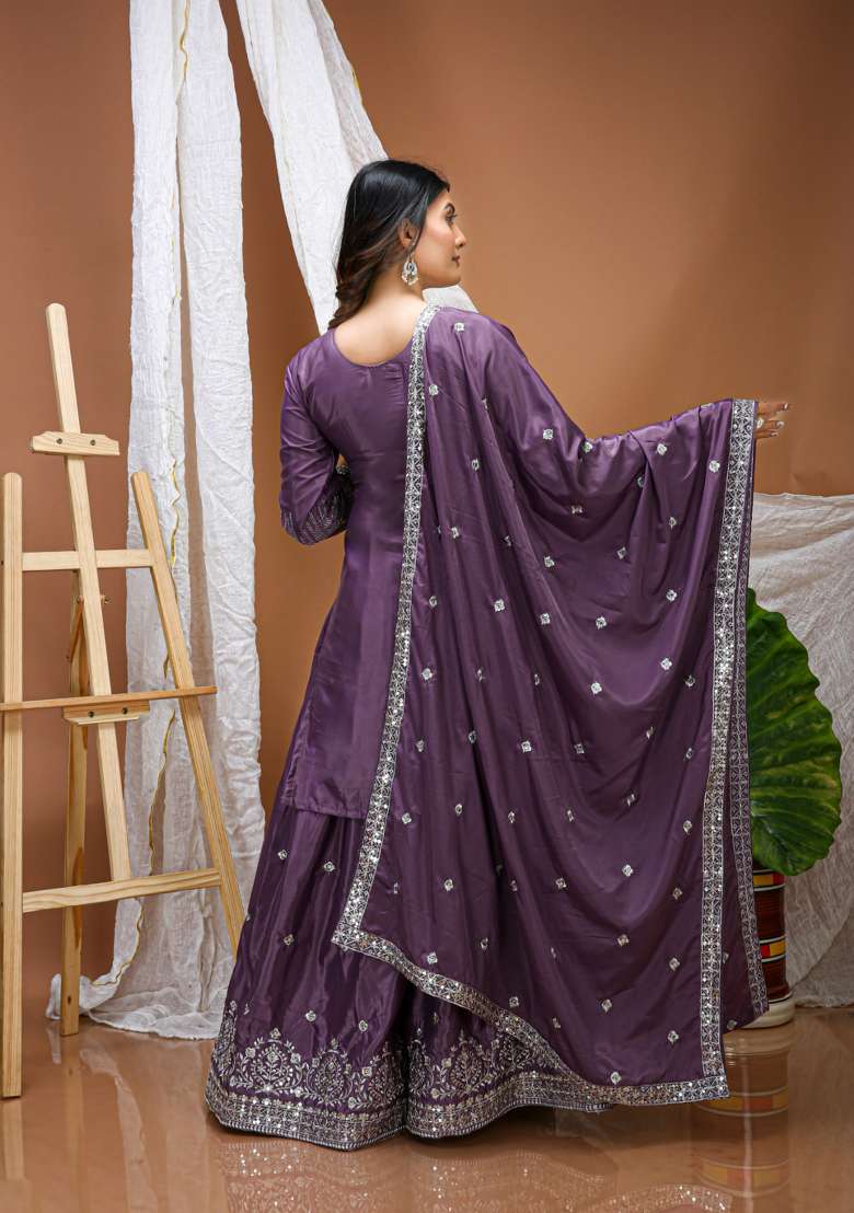 Purple Embroidered Crepe Sharara Set - Indya