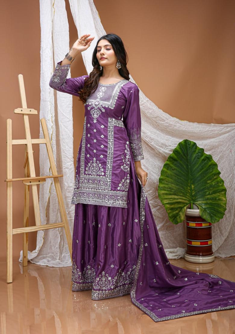 Purple Embroidery Crepe Kurta Set - Indya