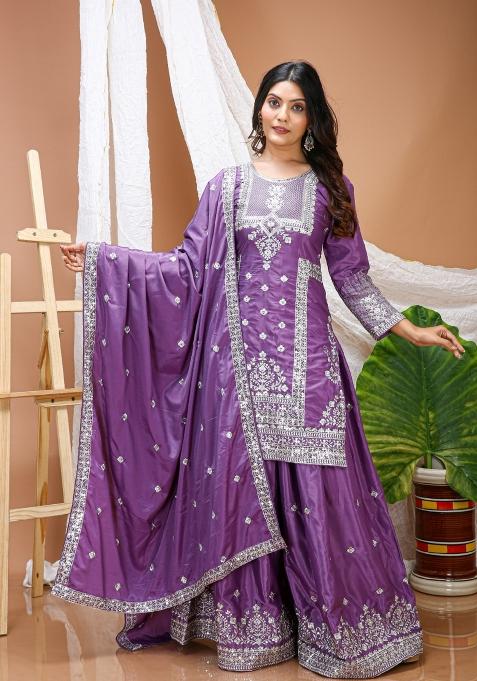 Purple Embroidery Crepe Kurta Set