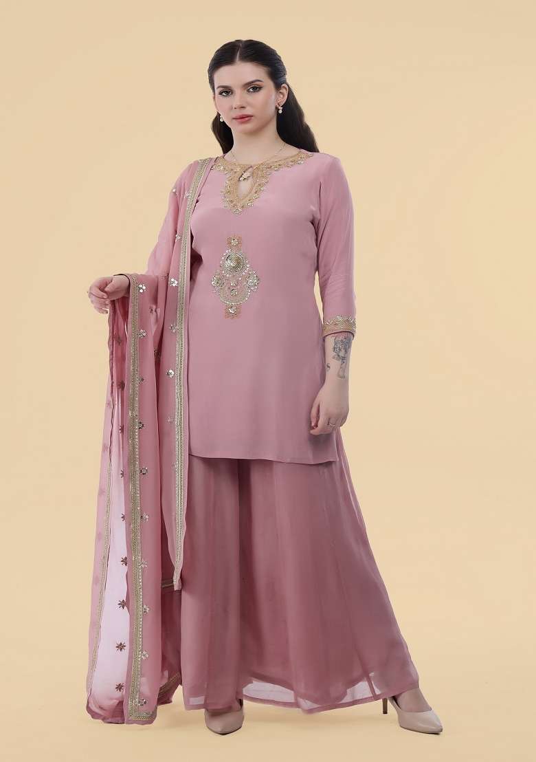 Onion Pink Embroidered Crepe Sharara Set - Indya