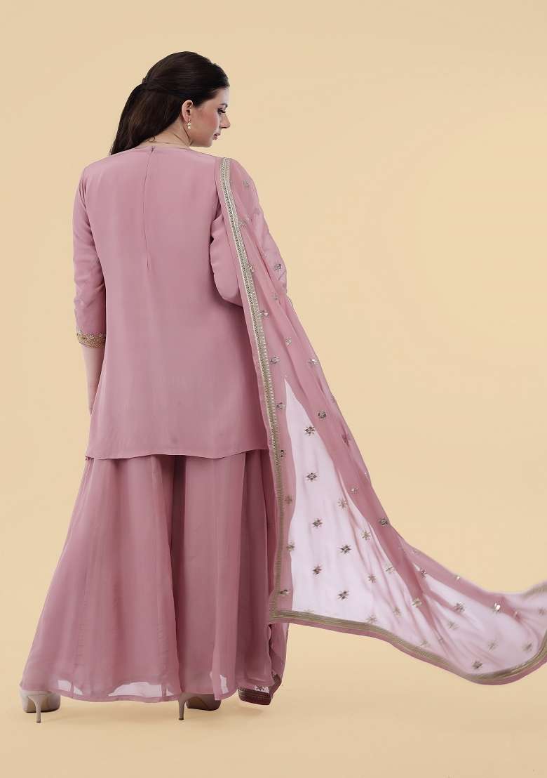 Onion Pink Embroidered Crepe Sharara Set - Indya