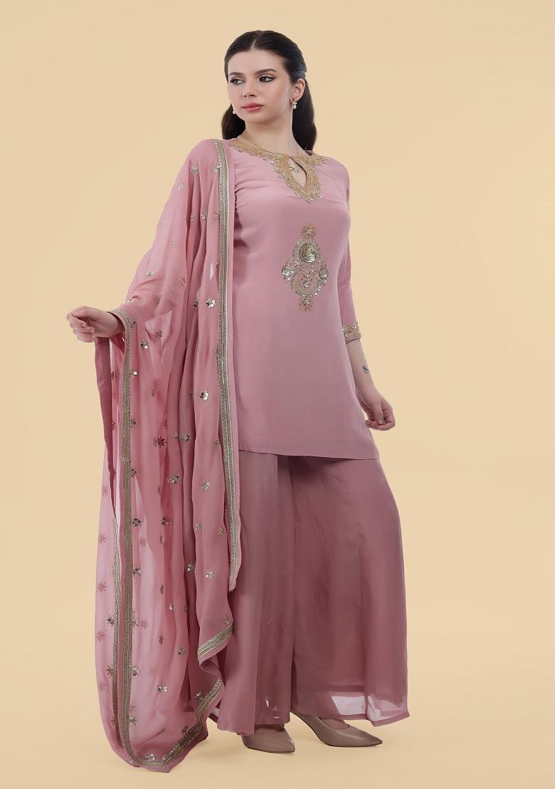 Onion Pink Sequins Crepe Sharara Set - Indya