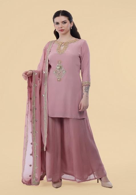 Onion Pink Sequins Crepe Kurta Set