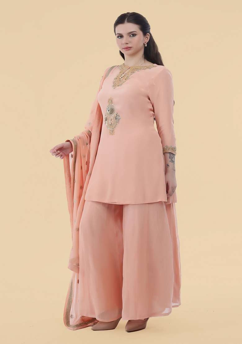 Peach Embroidered Crepe Sharara Set - Indya