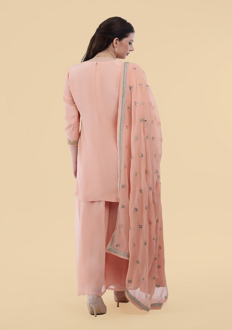 Peach Sequins Crepe Sharara Set - Indya