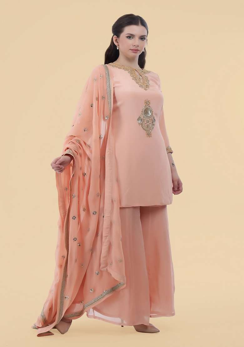 Peach Embroidered Crepe Sharara Set - Indya