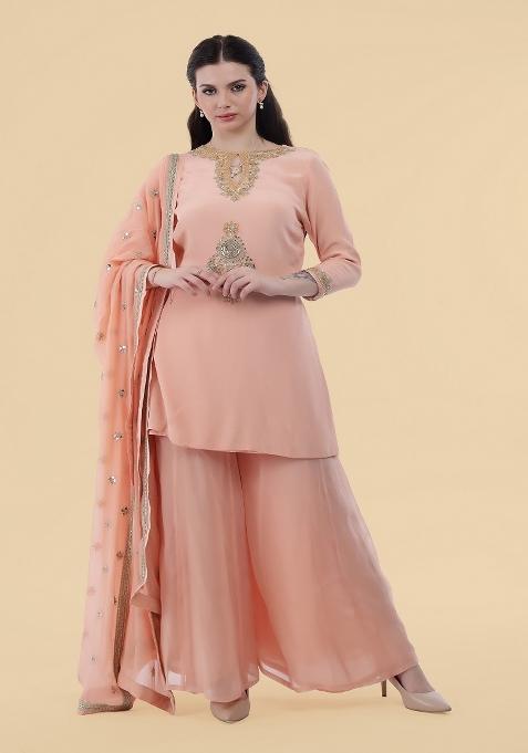 Peach Sequins Crepe Kurta Set