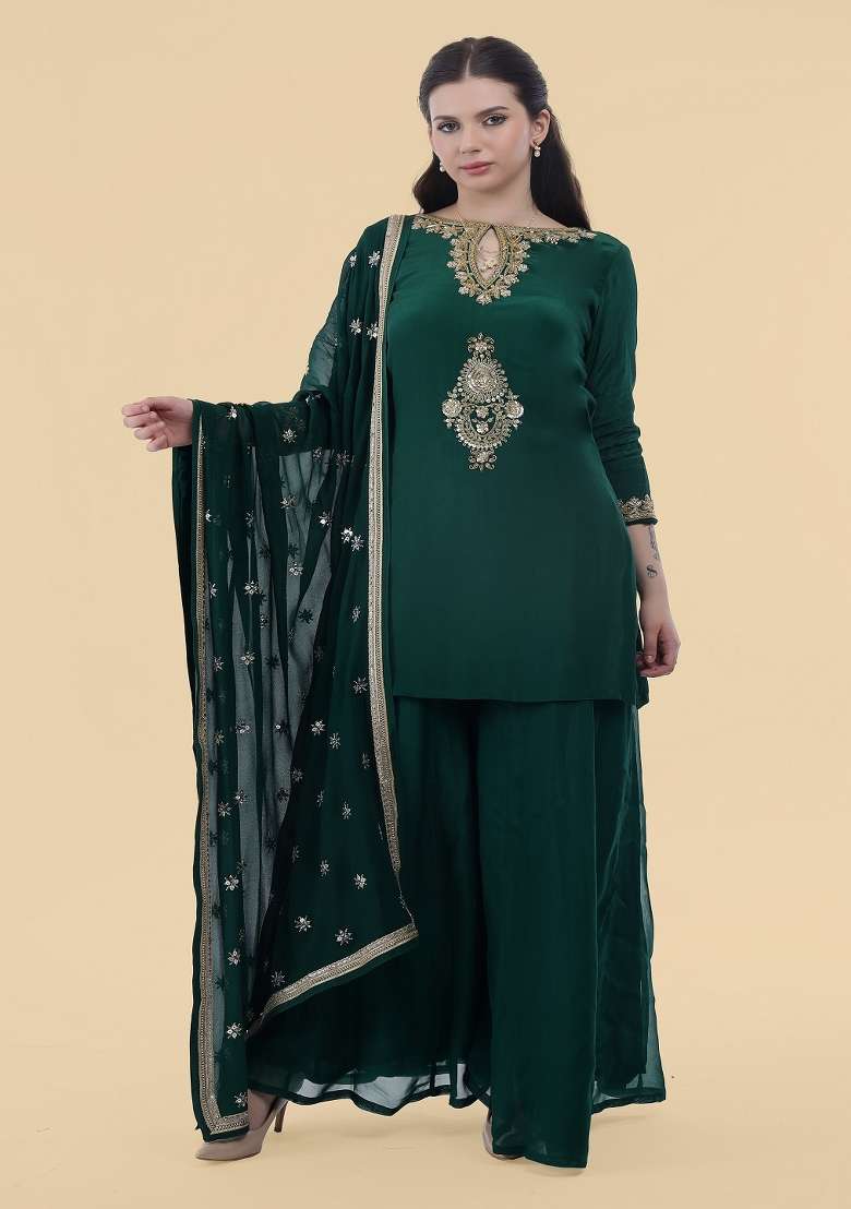 Dark Green Embroidered Crepe Sharara Set - Indya