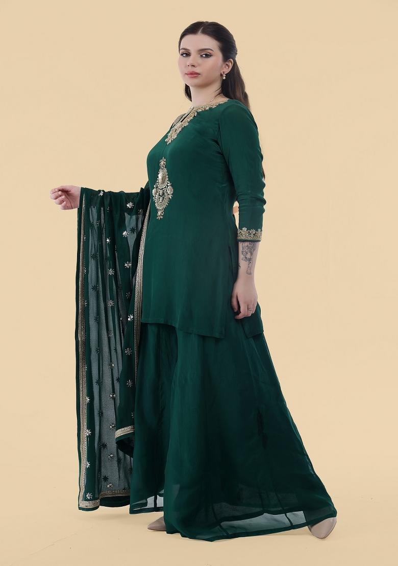 Dark Green Sequins Crepe Sharara Set - Indya