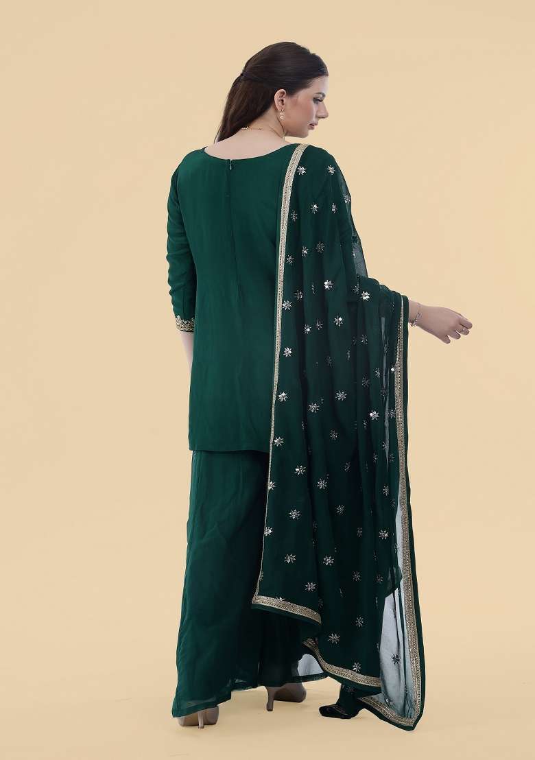 Dark Green Embroidered Crepe Sharara Set - Indya