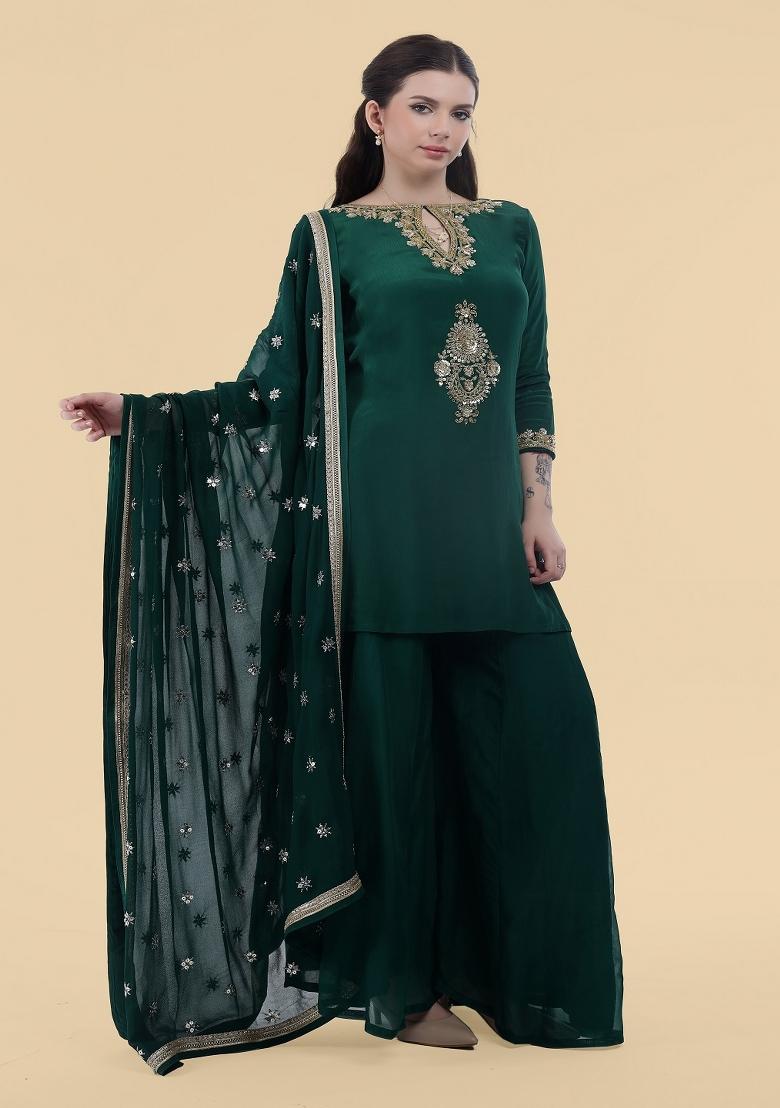 Dark Green Sequins Crepe Sharara Set - Indya