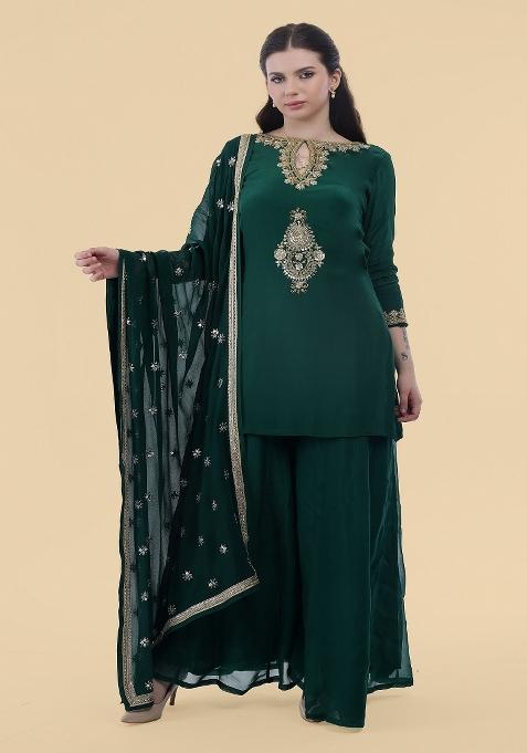 Dark Green Sequins Crepe Kurta Set