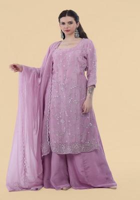 Lavender Hand Work Tissue Sharara Set