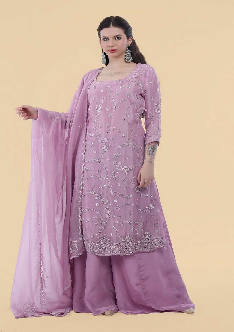 Lavender Embroidered Tissue Sharara Set - Indya