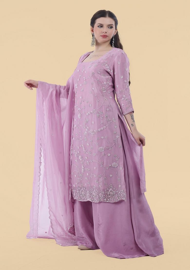 Lavender Hand Work Tissue Sharara Set - Indya