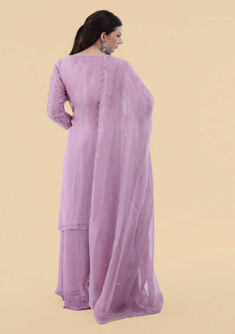 Lavender Embroidered Tissue Sharara Set - Indya