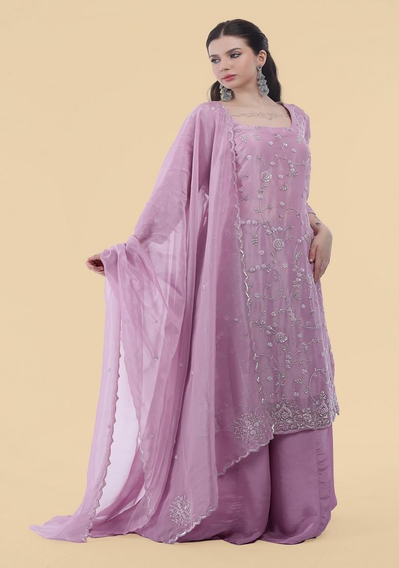 Lavender Hand Work Tissue Sharara Set - Indya
