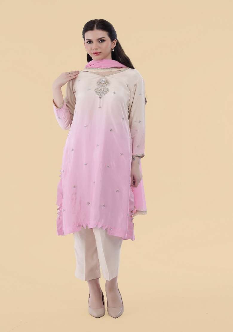 White Embroidered Silk Blend Straight Kurta Set - Indya