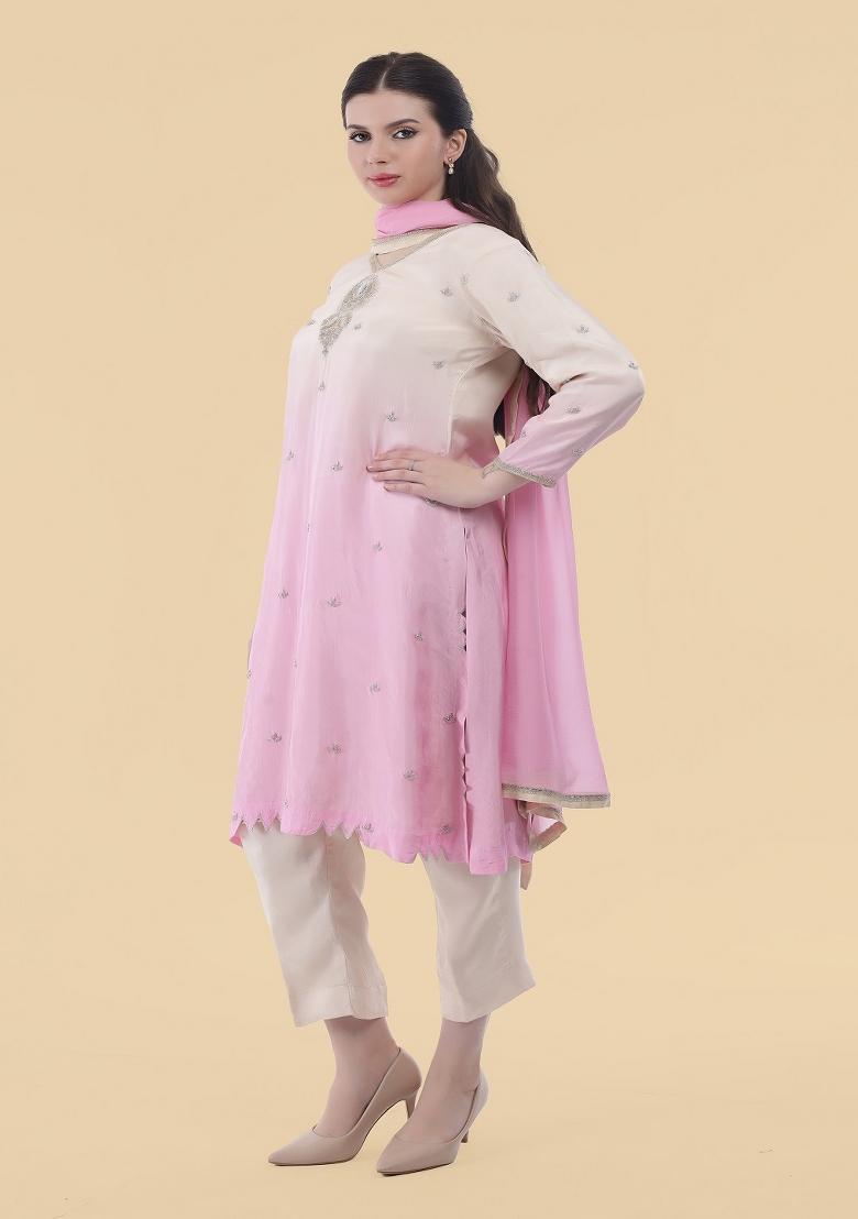 White Sequins Silk Kurta Set - Indya