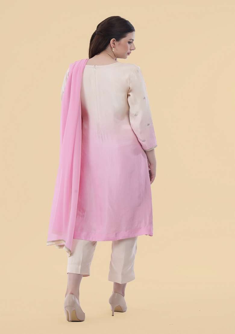 White Embroidered Silk Blend Straight Kurta Set - Indya