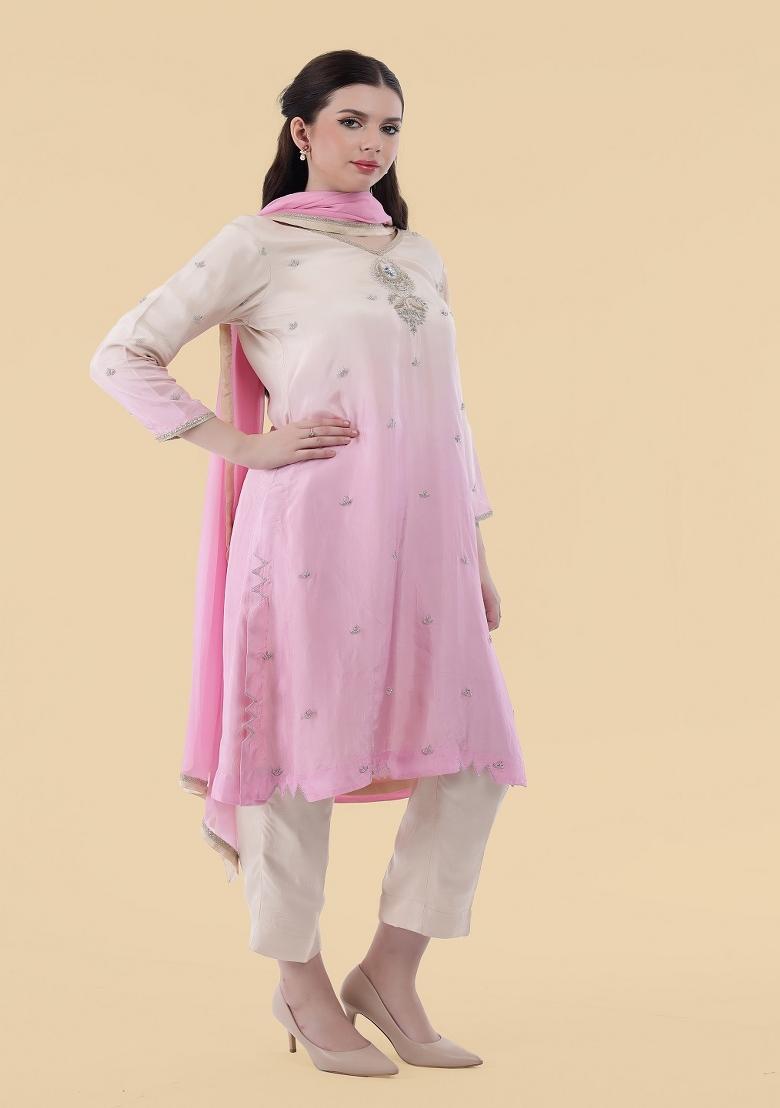 White Sequins Silk Kurta Set - Indya