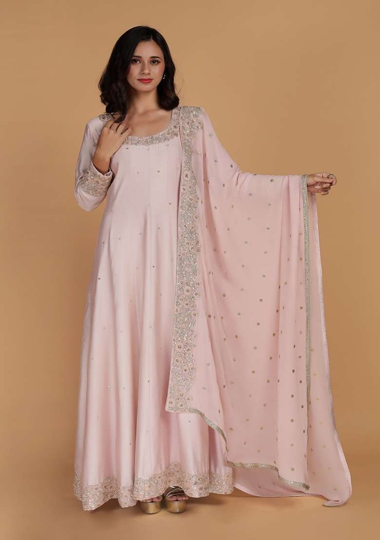 Light Pink Embroidered Silk Blend Anarkali Set - Indya
