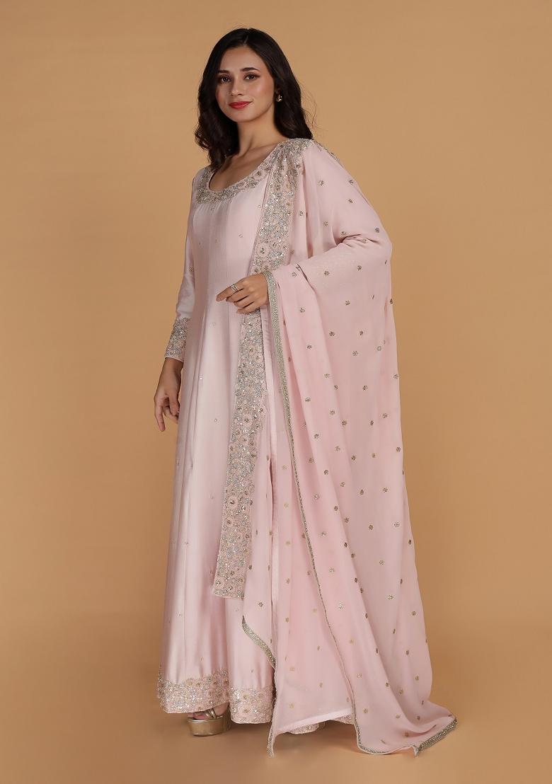 Light Pink Sequins Silk Anarkali Set - Indya