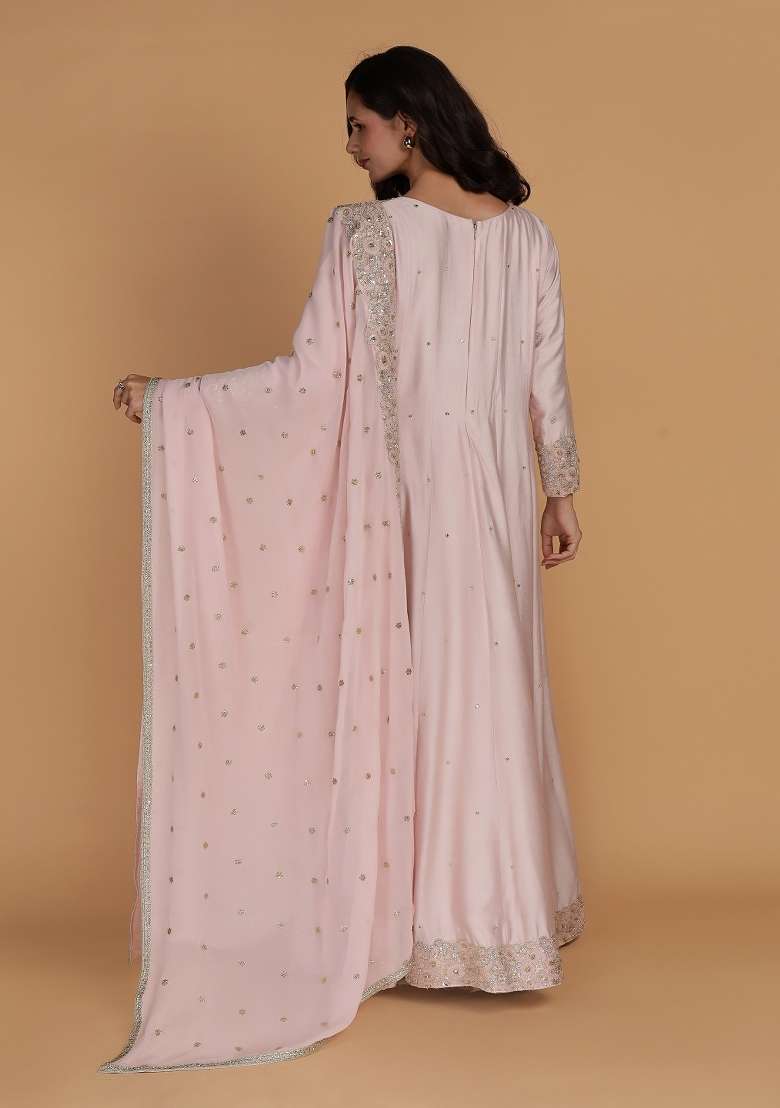 Light Pink Embroidered Silk Blend Anarkali Set - Indya