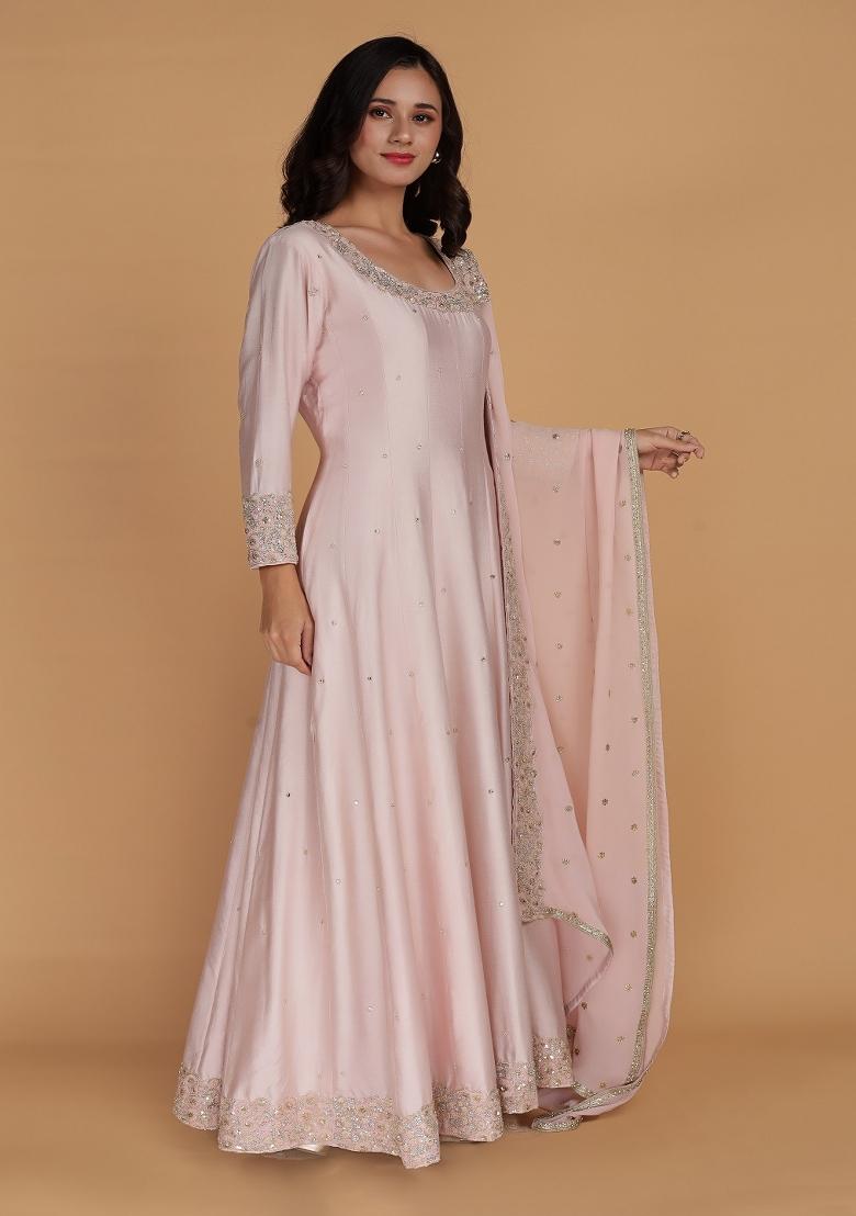 Light Pink Sequins Silk Anarkali Set - Indya