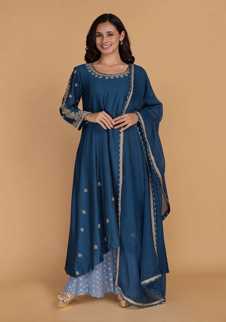 Blue Embroidered Silk Blend Sharara Set - Indya