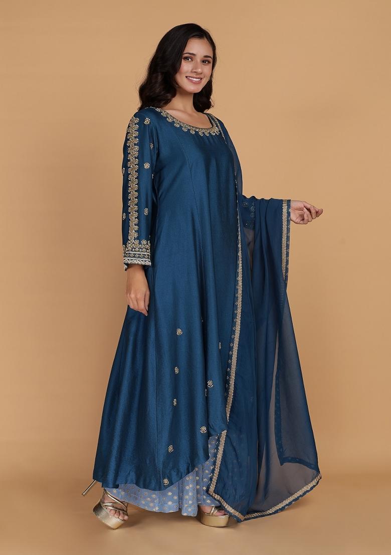 Blue Pearl Work Silk Anarkali Set - Indya