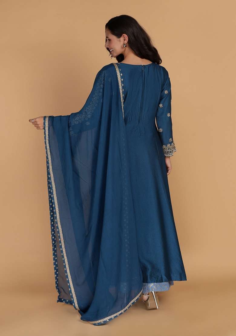 Blue Embroidered Silk Blend Sharara Set - Indya