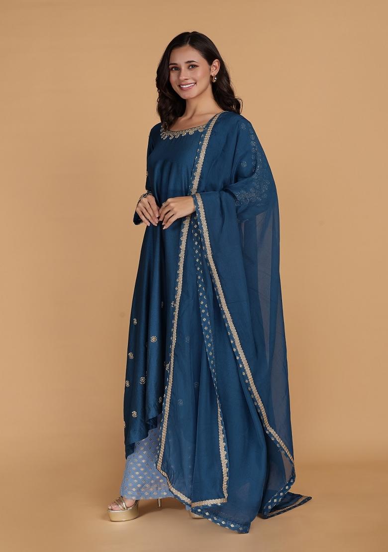Blue Pearl Work Silk Anarkali Set - Indya