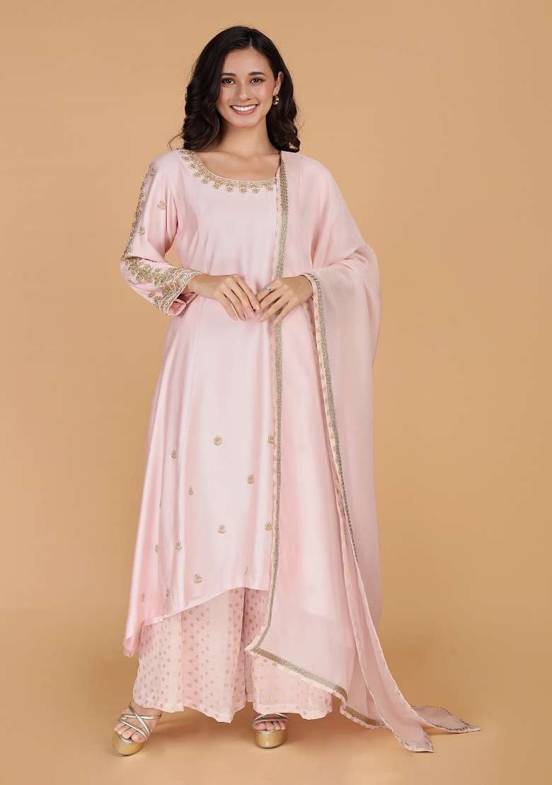 Light Pink Embroidered Silk Blend Straight Kurta Set - Indya