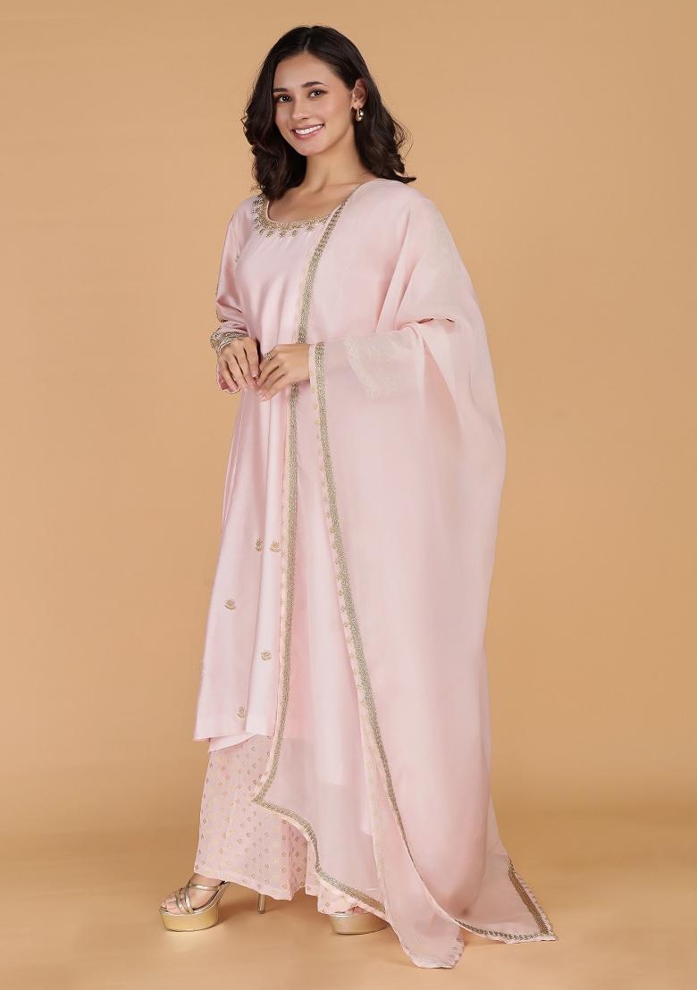 Light Pink Pearl Work Silk Anarkali Set - Indya