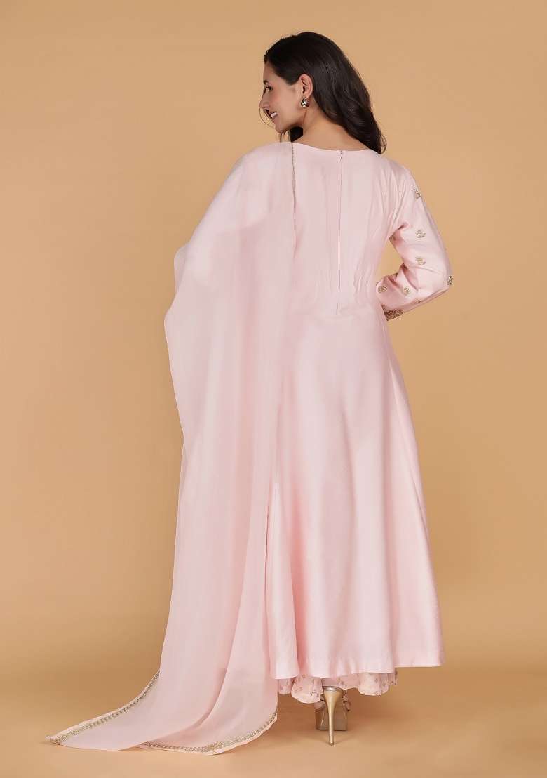 Light Pink Embroidered Silk Blend Straight Kurta Set - Indya