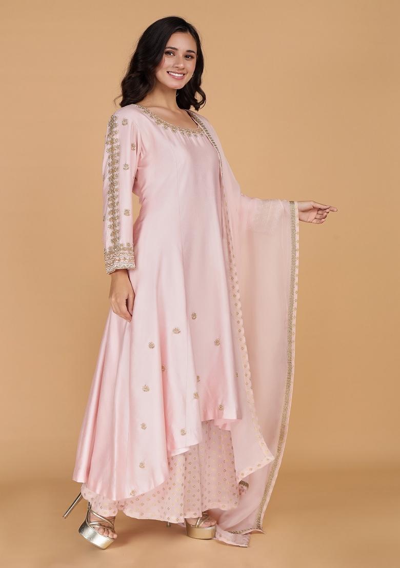 Light Pink Pearl Work Silk Anarkali Set - Indya