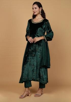 Dark Green Beads Velvet Straight Kurta Set